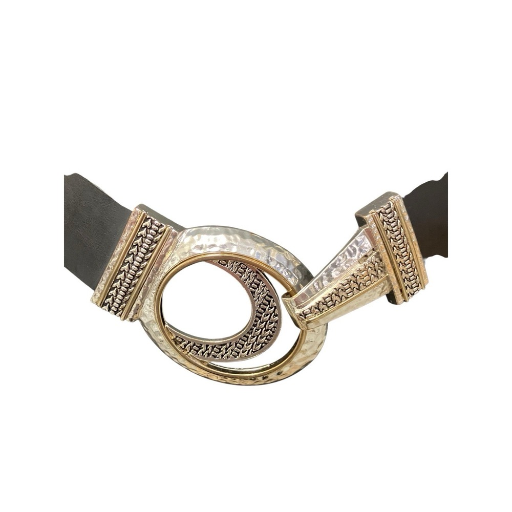 CHICOs Belt Leather Black Gold Silver Tone Hook Buckle Art To Wear Statement S/M - Picture 12 of 13